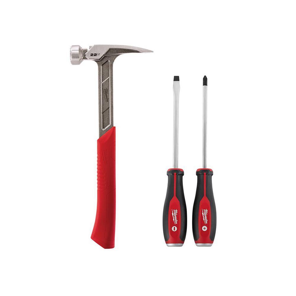 MW 22 oz. Milled Face Framing Hammer with Demo Screwdriver Drivers with Steel Caps (3-Piece) 48-22-9022-48-22-2702