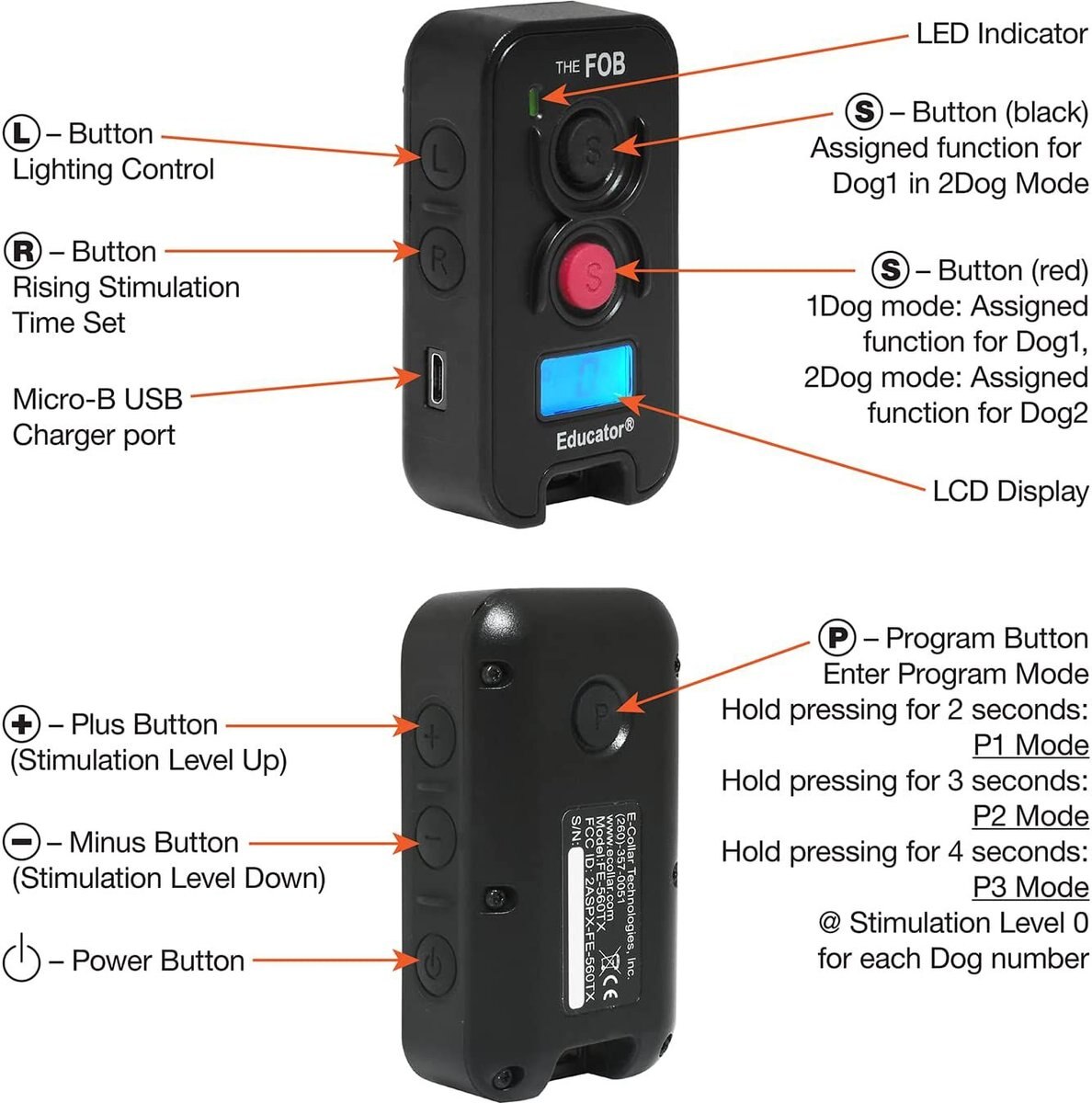 Educator FE-560B with Finger Button Dog Remote Training System， Black