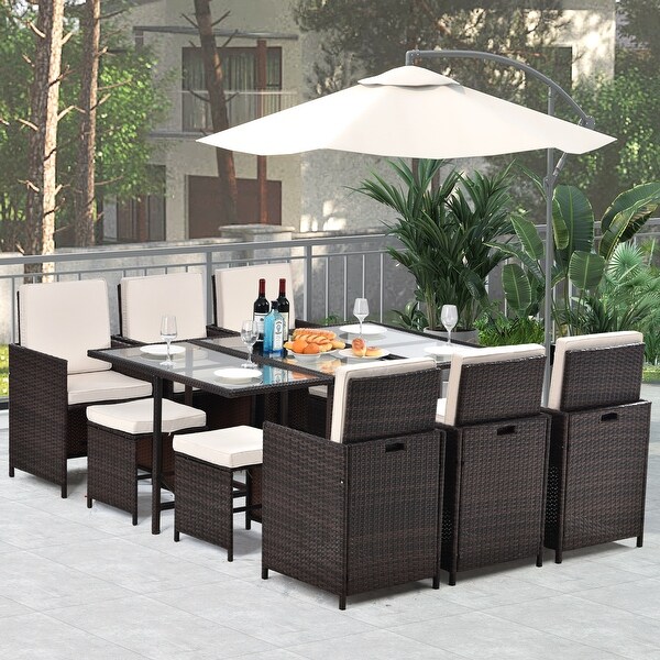 11 Piece Cushioned PE Rattan Wicker Dining Set -  - 37171041