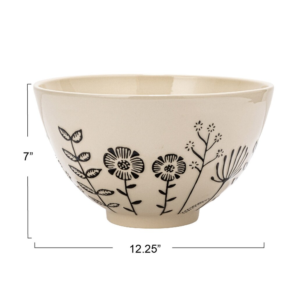 Hand Painted Stoneware Serving Bowl with Embossed Flowers   12.3\