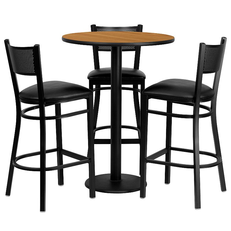 Emma and Oliver 30RD Natural Table Set-3 Grid Back Stools，Black Seat