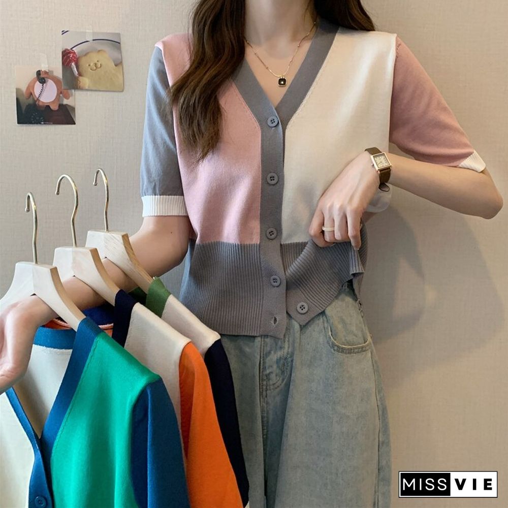 Patchwork Color Knitted Cardigan Tops Women Korean Fahsion Short Sleeve Cropped Cardigan Female Summer Casual V Neck Tops