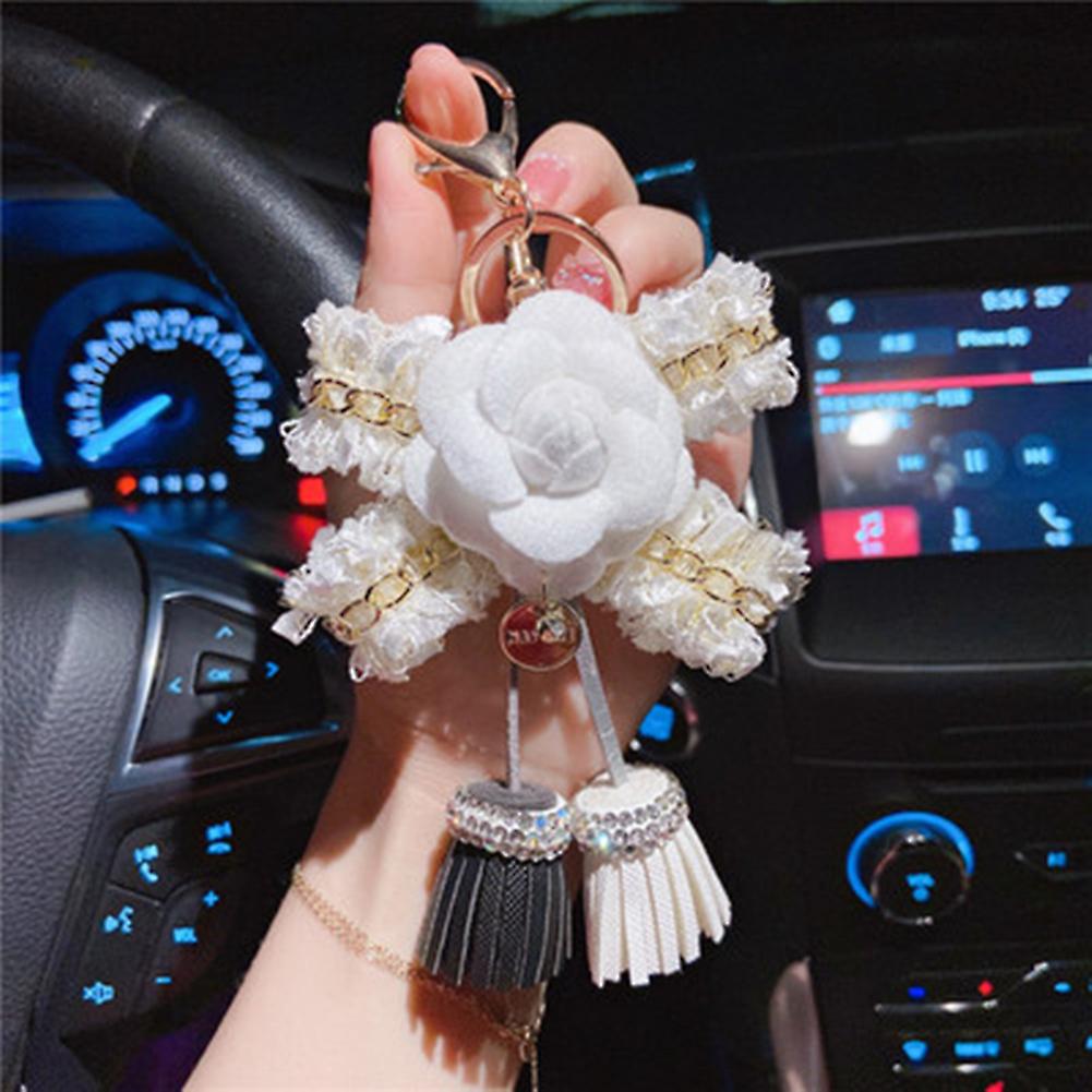 Camellia Creative Flower Tassel Keychain Cute Girl Car Key Chain For Pendant Handbag Wallet Ornament For Birthday Anniversary Girls Gifts Khaki