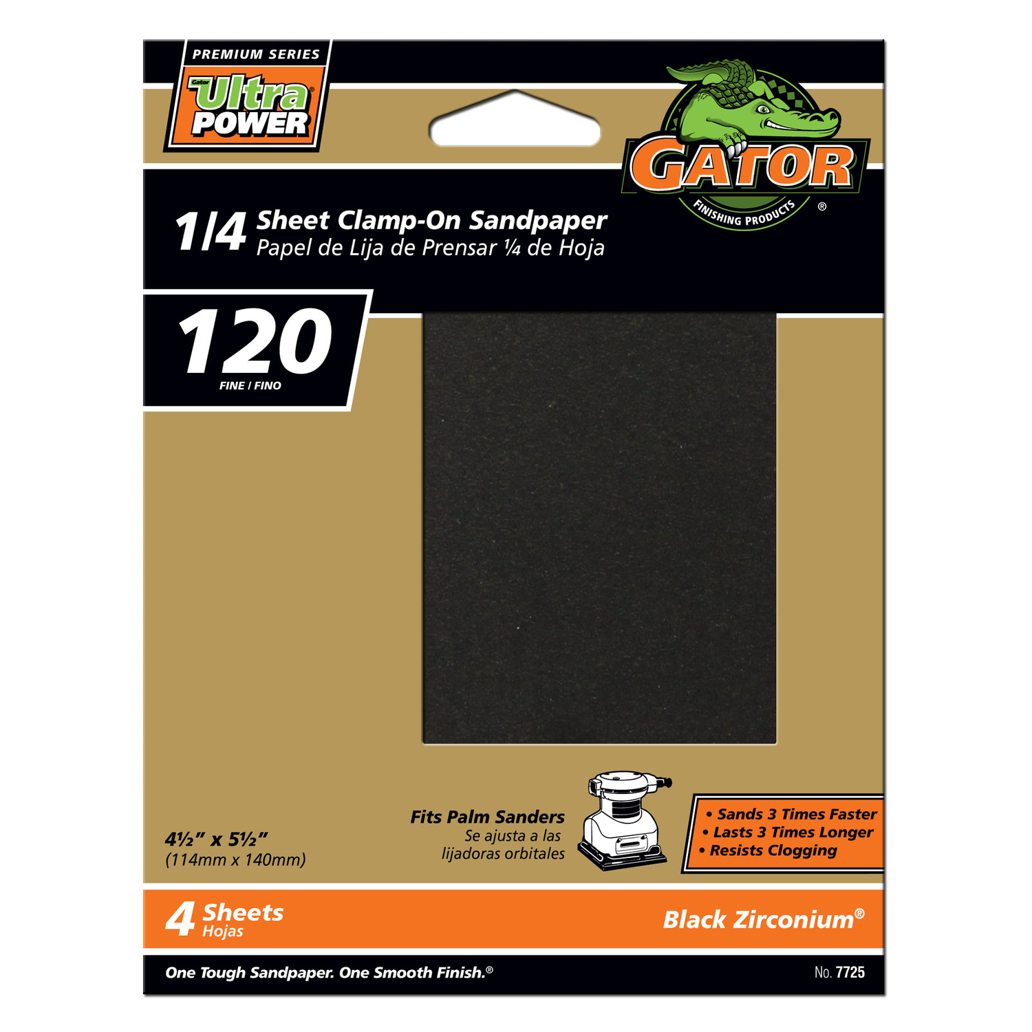 Gator PowerPlus 5-1/2 in. L X 4-1/2 in. W 120 Grit Zirconium Oxide 1/4 Sheet Sandpaper 4 pk