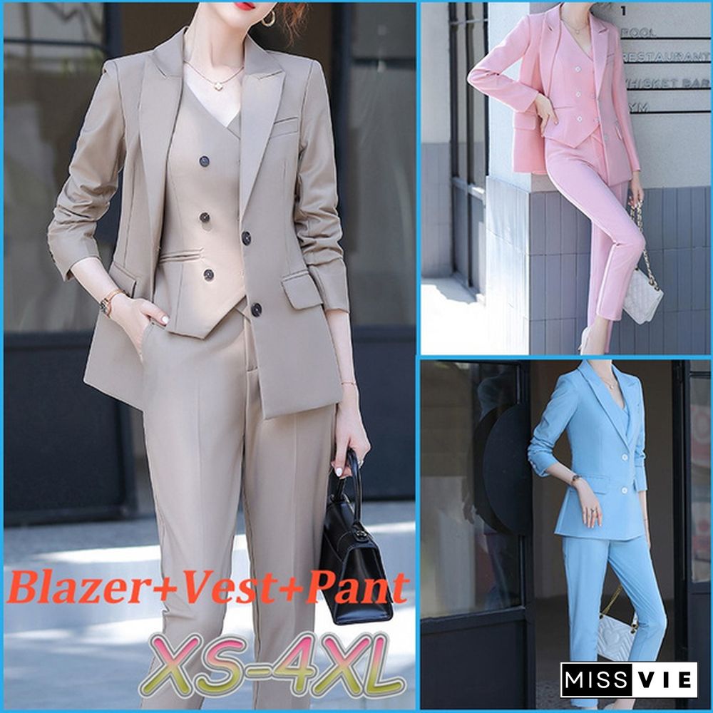 3 Piece Set Women Suits Elegant Ol Slim Blazer Suit+Double Breasted Vest+High Waist Skinny Ankle Length Pants Outfit Sets