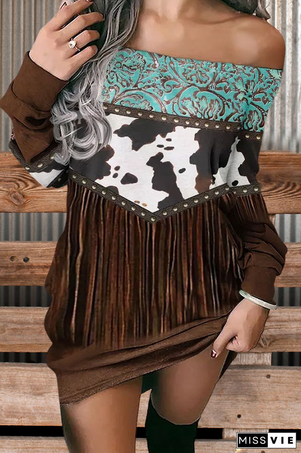 Retro Western Fringed Printed Off-Shoulder Sweatshirt Dress