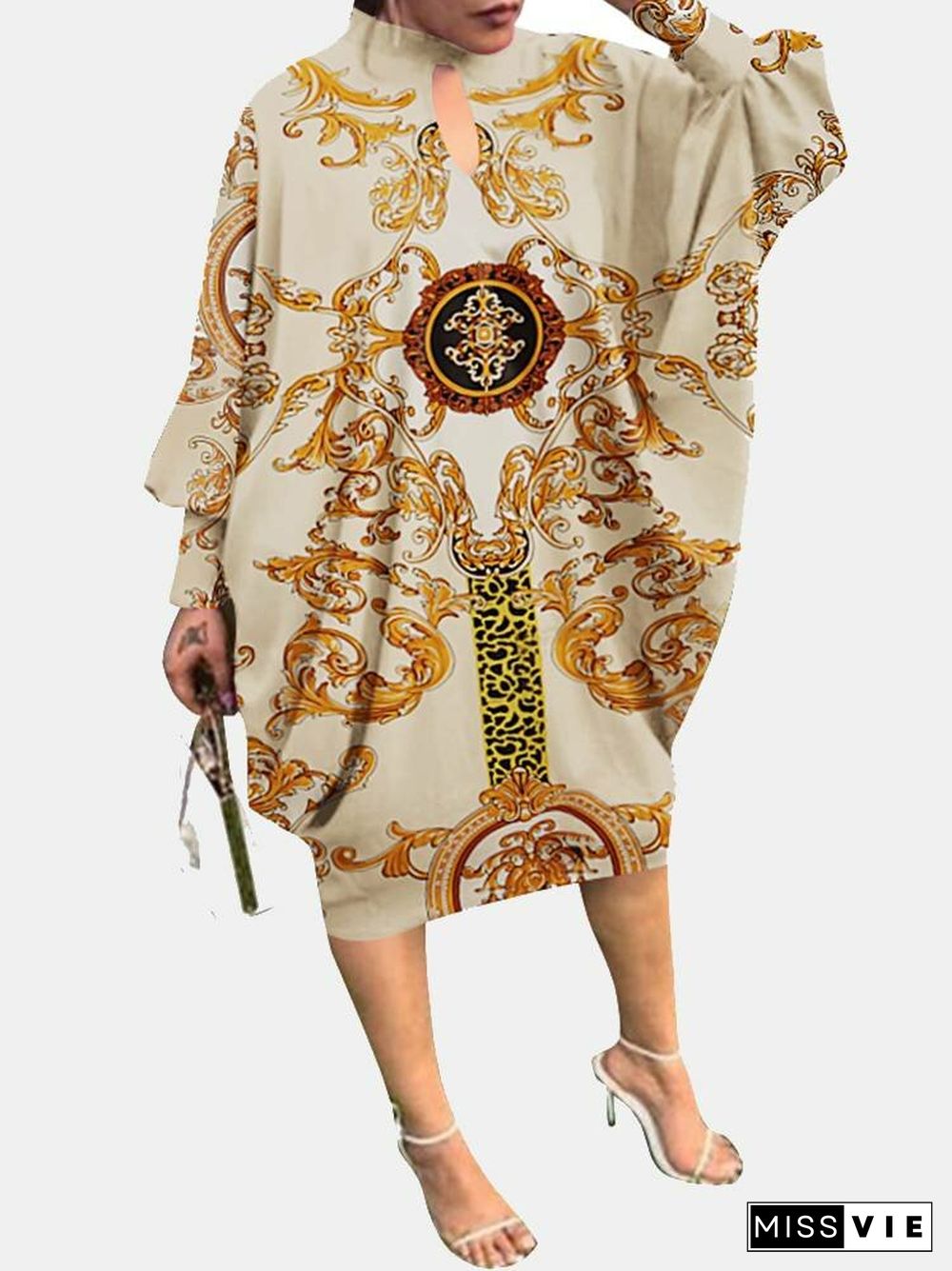 Tribal Pattern Loose Long Sleeve Hollow Dress