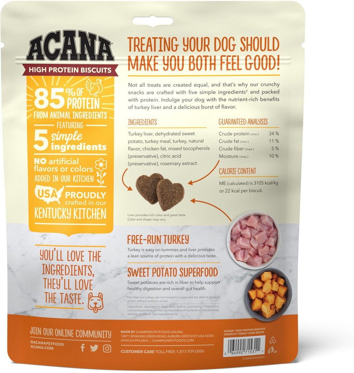 ACANA High-Protein Biscuits Grain-Free Turkey Liver Recipe Med/Large Breed Dog Treats， 9-oz bag