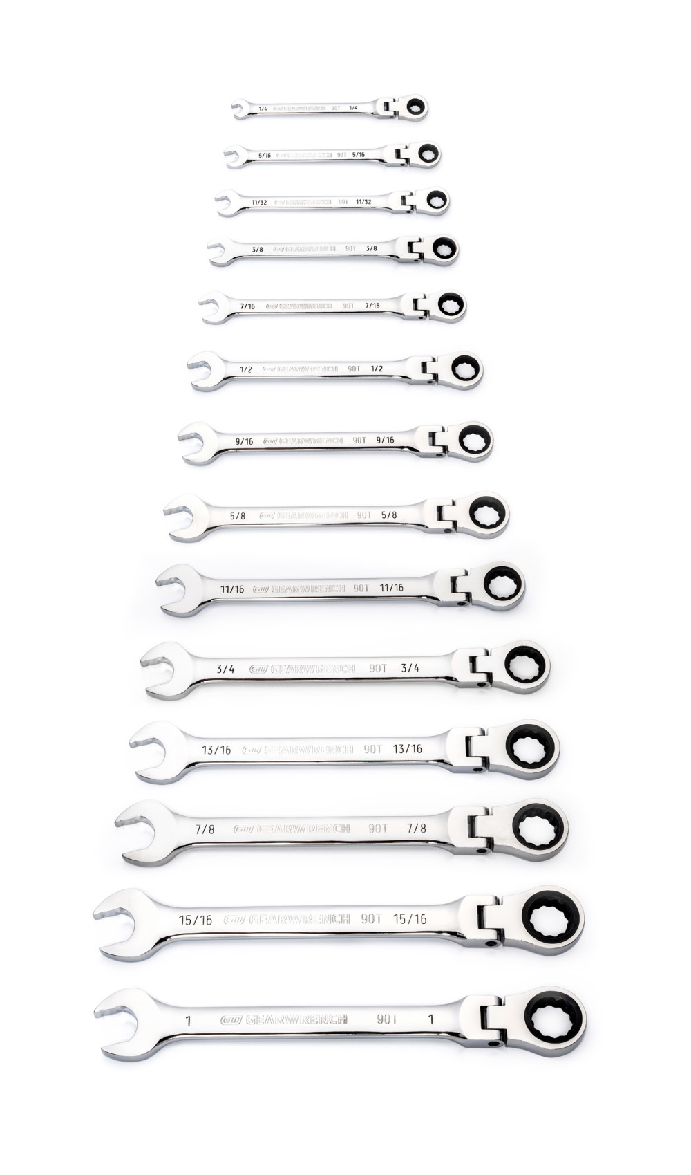 14 Pc 90T 12 Point Flex Head Ratcheting Combination SAE Wrench Set ;