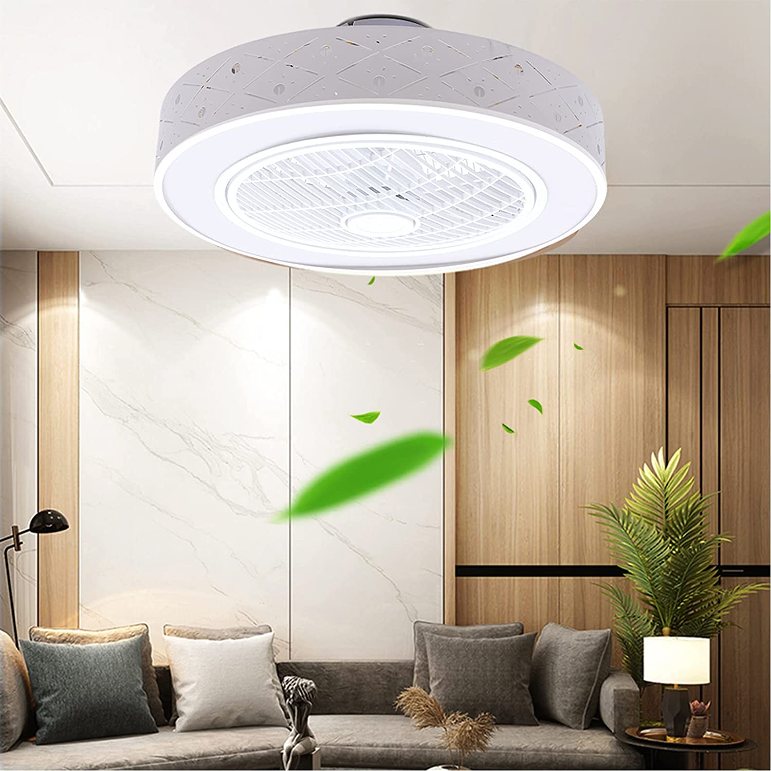 Anqidi Enclosed Round Ceiling Fan Light Invisible Dimmable Pendant Fan Light Semi Flush Mount Chandelier w/Remote (Pineapple Bead)