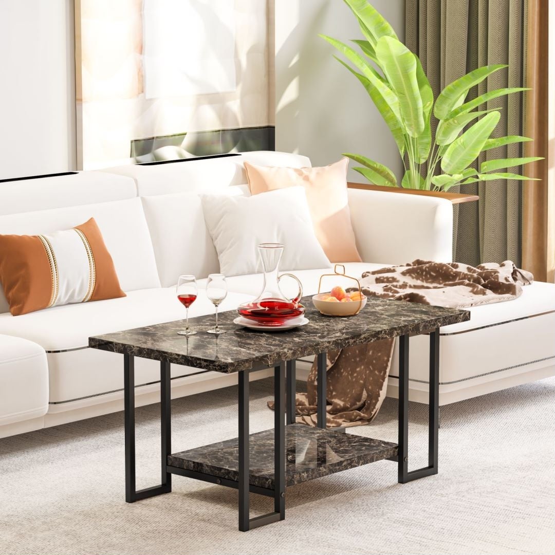 Mieres 39'' Wide 2-Tier Faux Marble Top Coffee Table with Steel Frame