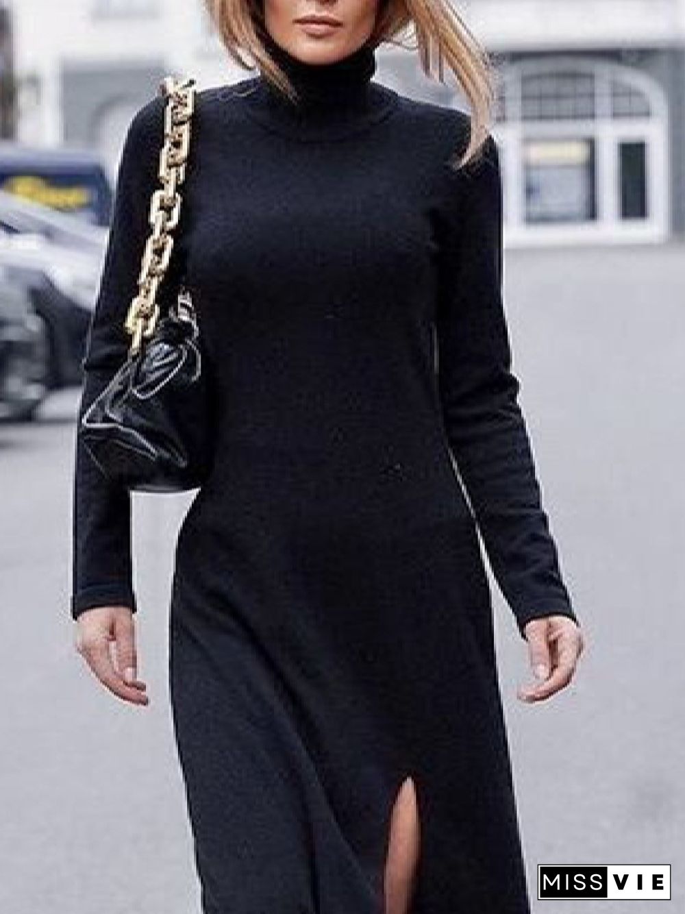 Casual Solid Turtleneck Long Sleeve Knitting Dress