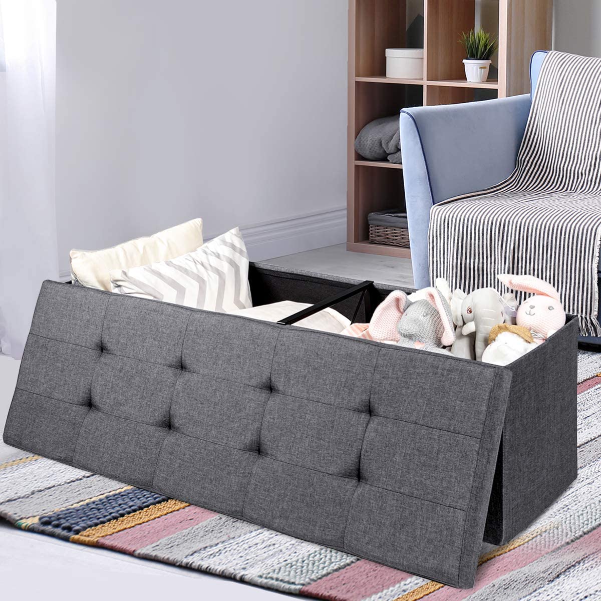 Storage Ottoman Bench, 43.5''L Folding Foot Rest Storage Chest with Divider, Padded Seat Shoe Bench for Living Room Bedroom Hallway Entryway End of Bed, Holds up to 660 lbs (Dark Gray)