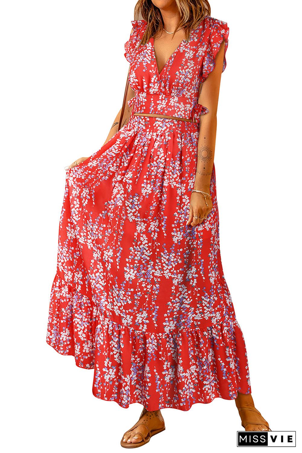 Red Multicolor Floral Ruffled Crop Top and Maxi Skirt Set