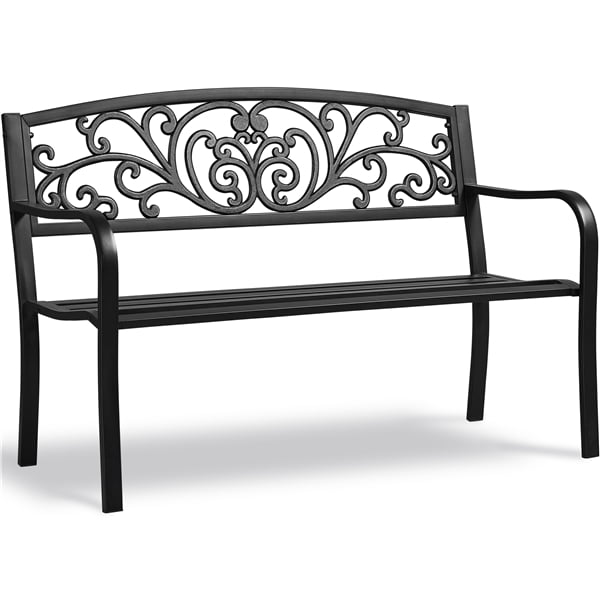 SMILE MART Outdoor Metal Garden Bench with Scroll Pattern, Black