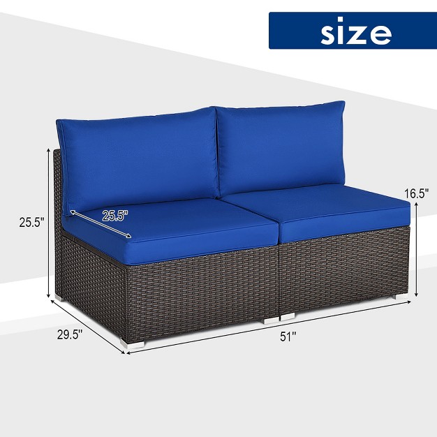 Costway 2pcs Patio Rattan Armless Sofa Sectional Furniture W navy Cushion