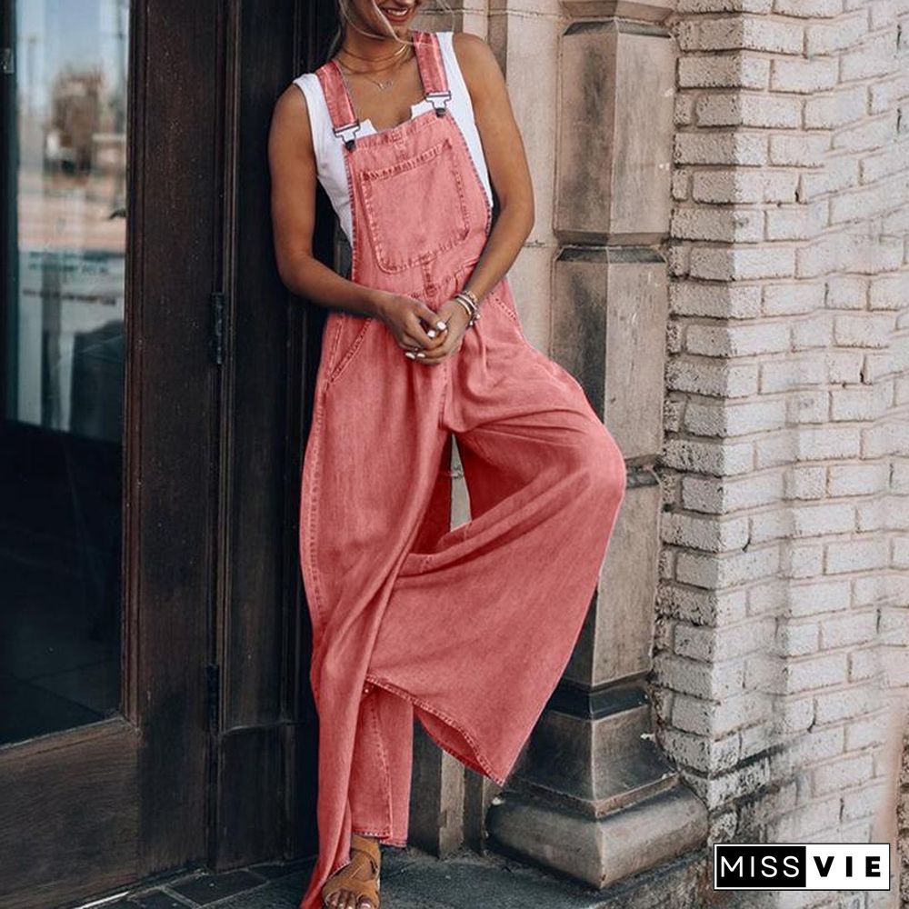 Denim Wide Leg Suspenders Jumpsuit