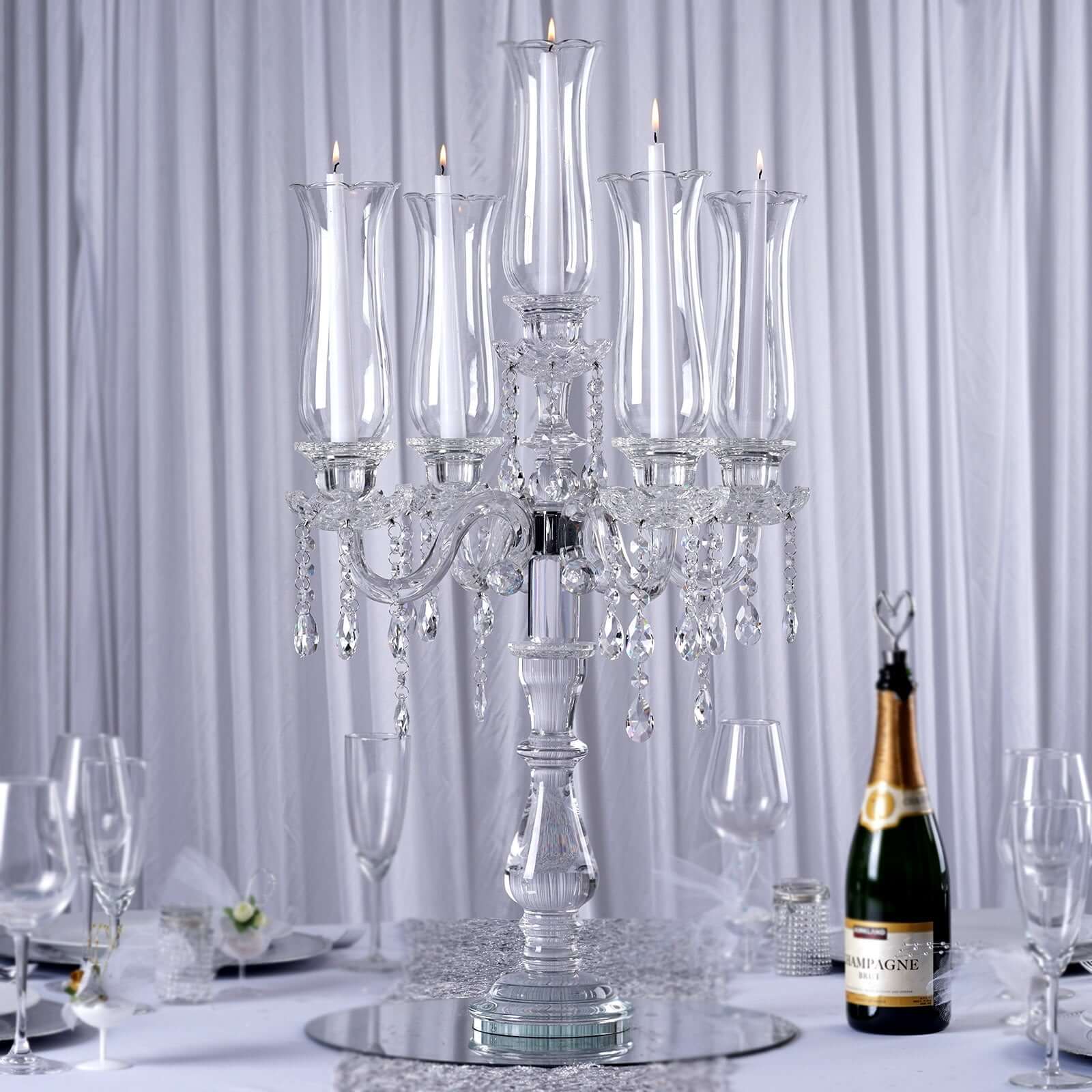 5 Arm Premium Crystal Glass Taper Candle Holder Candelabra With Chandelier Chains 32