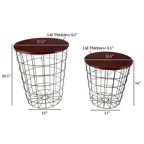 Nesting End Tables with Storage - Set of 2 Convertible Round Metal Storage Basket Base with Veneer Top (Cherry)