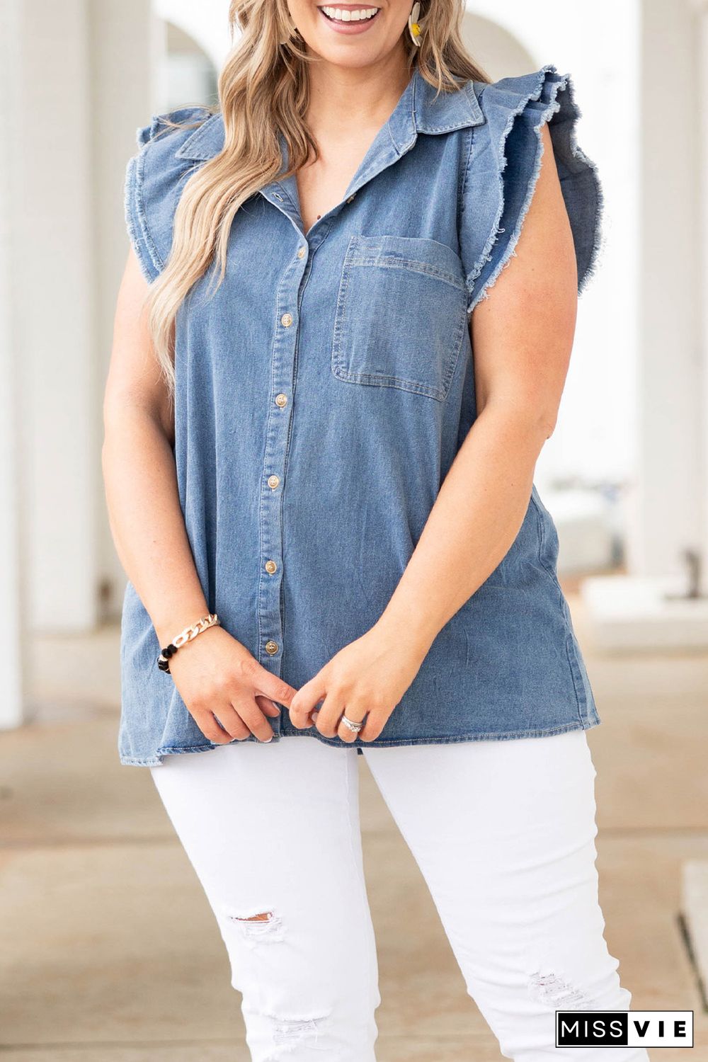 Blue Frayed Ruffle Sleeve Plus Size Denim Shirt