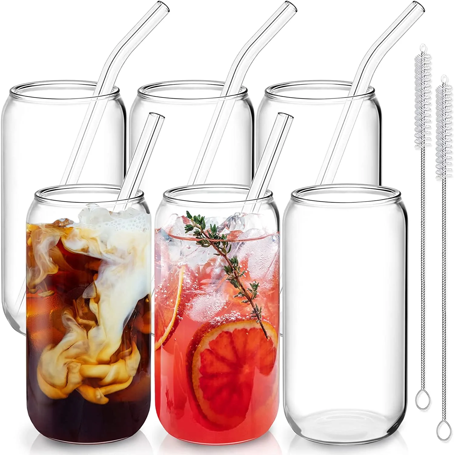 6 Pcs Drinking Glasses with Bamboo Lids and Glass Straw - 16 Oz Can Shaped Glass Cups Beer Glasses Ice Coffee Glasses Cute Tumbler Cup Great for Soda Boba Tea Cocktail Include 2 Cleaning Brushes