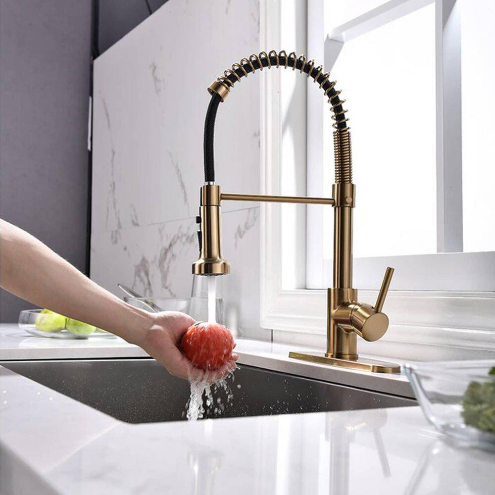 FLG Single-Handle Commercial Kitchen Sink Faucet With Pull Down Sprayer Kitchen Faucets Solid Brass Modern Taps Brushed Gold CC-0021-BG