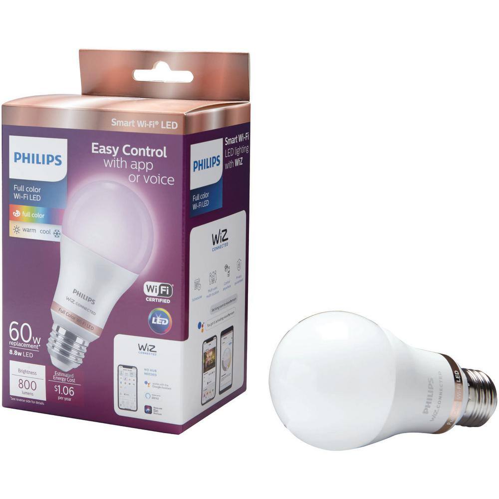 Philips 60-Watt Equivalent A19 LED Smart Wi-Fi Color Changing Smart Light Bulb powered by WiZ  Google Home Mini  (2-Pack) 562702