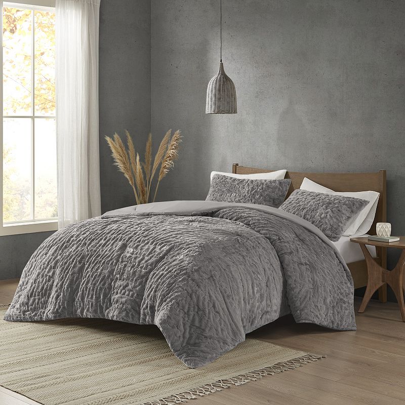 Madison Park Dakota Ruched Faux Fur Down-Alternative Comforter Set with Shams