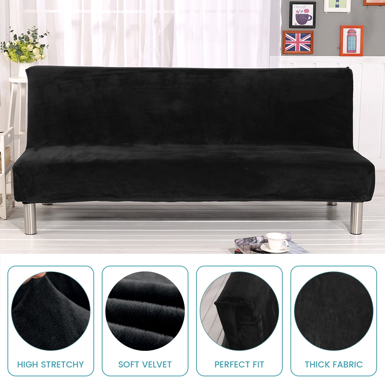 SHANNA Stretch Futon Covers Armless Sofa Bed Cover for Sofa Length 70.9-82.7 Inches (Black)