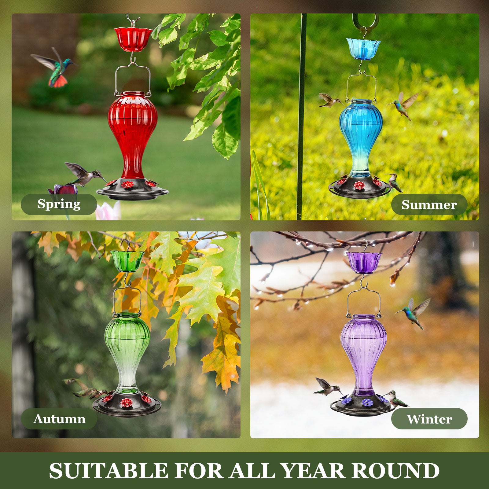 Kingsyard Glass Hummingbird Feeder 24 Ounces， 6 Feeding Ports， Hanging Bird Nectar Feeder for Outdoors Garden Yard Décor， Ant Moat Included， Turquoise