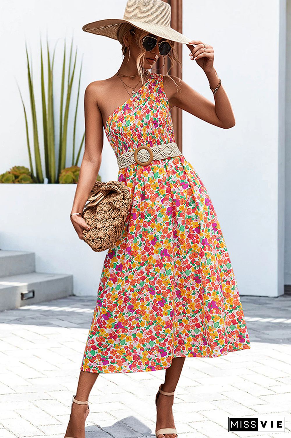 One SHoulder Flower Print Long Dress