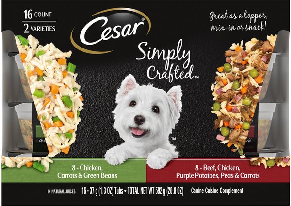 Cesar Simply Crafted Variety Pack Chicken， Carrots and Green Beans and Beef， Chicken， Purple Potatoes， Peas and Carrots Wet Dog Food Topper， 1.3-oz can， 16 count