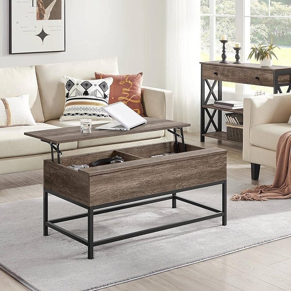 Modern Metal Lift Top Coffee Table Sofa Laptop Desk with Rustic Taupe Wood Top - 18.9