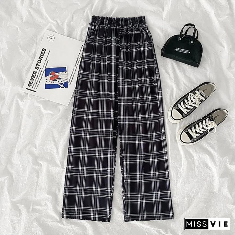 Vintage Harajuku Plaid Wide Leg Pants Summer Women High Waist Elastic Streetwear Pants Korean Loose Lady Straight Trousers