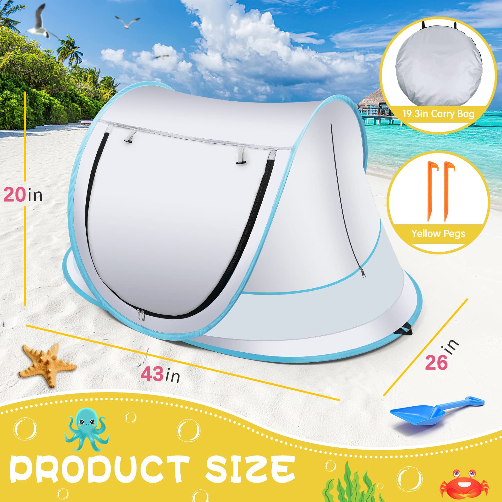 IMMEKEY Baby Beach Tent，Large Pop Up Sun Shade for Beach，Portable Baby Travel Tent with Mosquito Net，UPF 50+ UV Protection Sun Shelters for Infants Gray