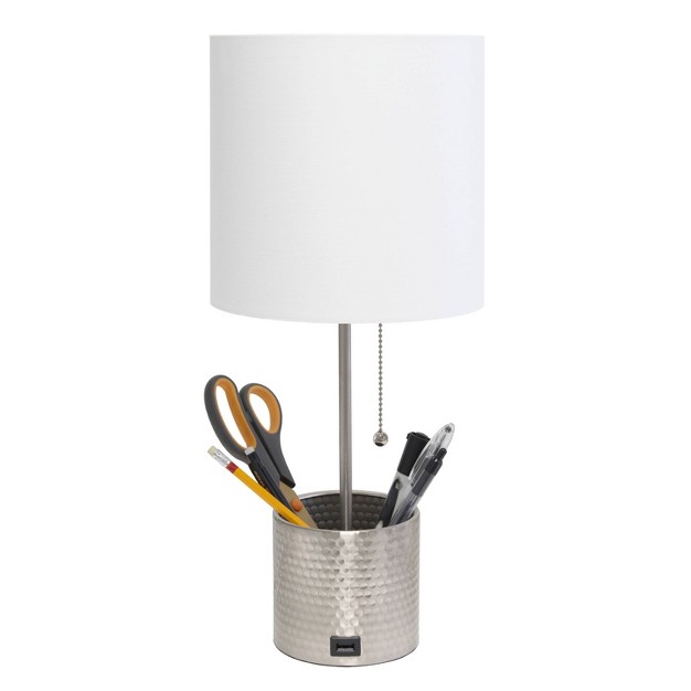 Hammered Metal Organizer Table Lamp With Usb Charging Port And Fabric Shade Simple Designs