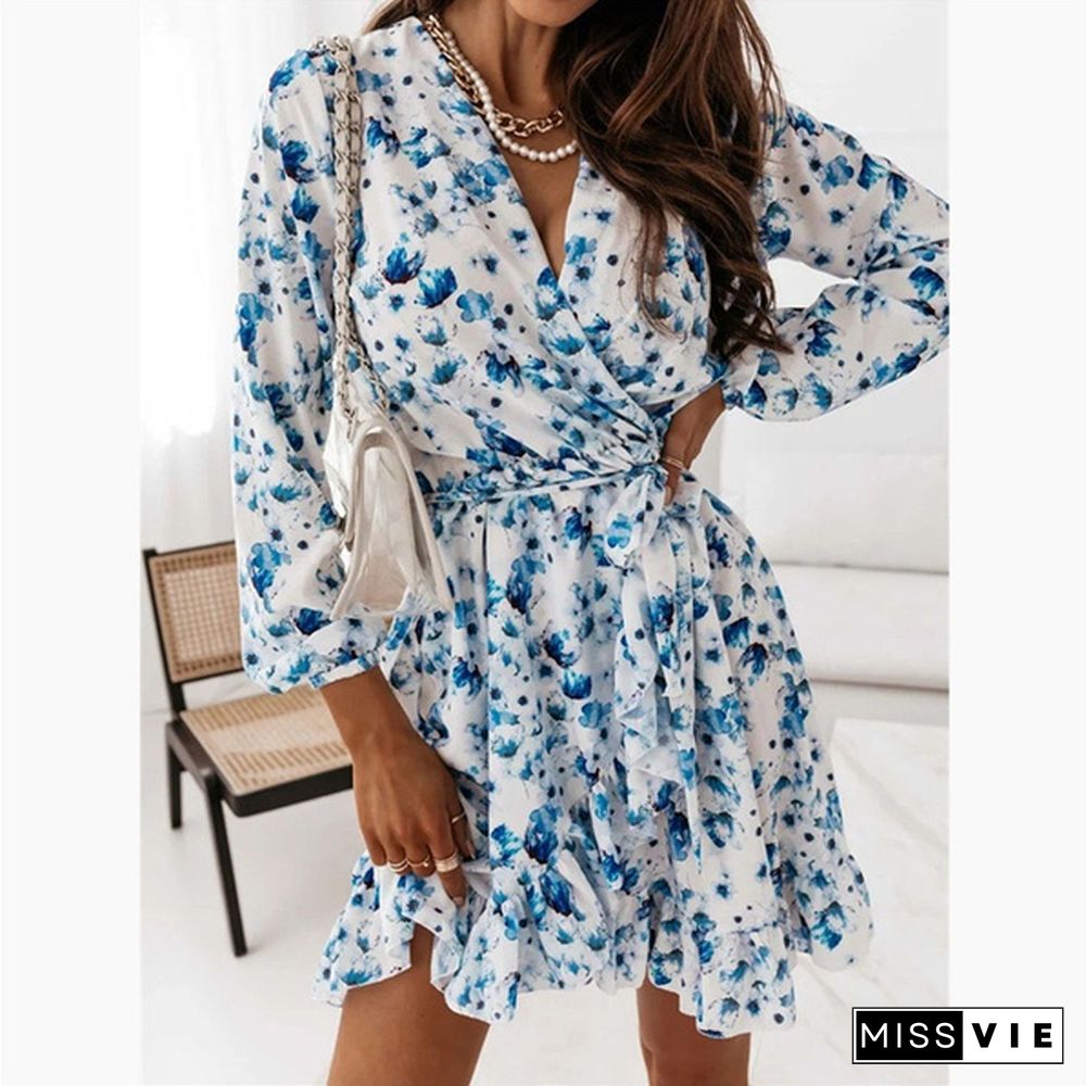 Fall Fashion Floral Print V-neck Long Sleeve Slim Mini Dress Ladies Elegant Vestidos