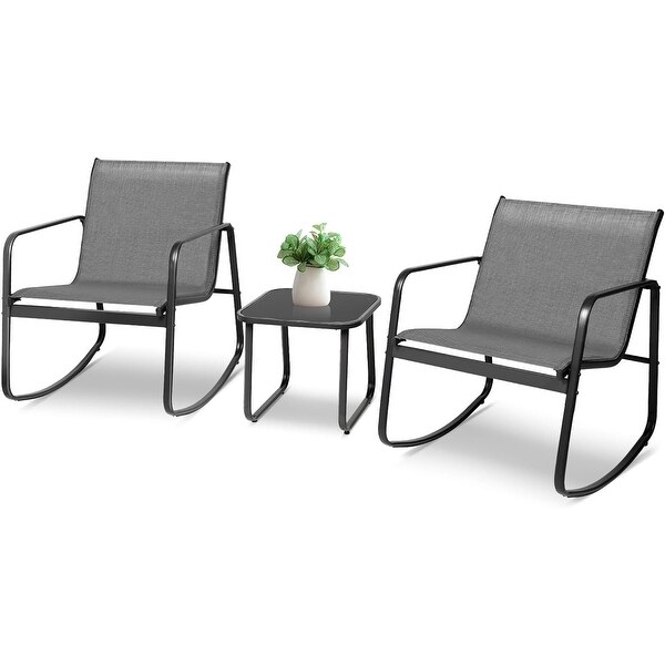 3Piece Outdoor Patio Rocking Chair Bistro Set with Glass Top Coffee Table