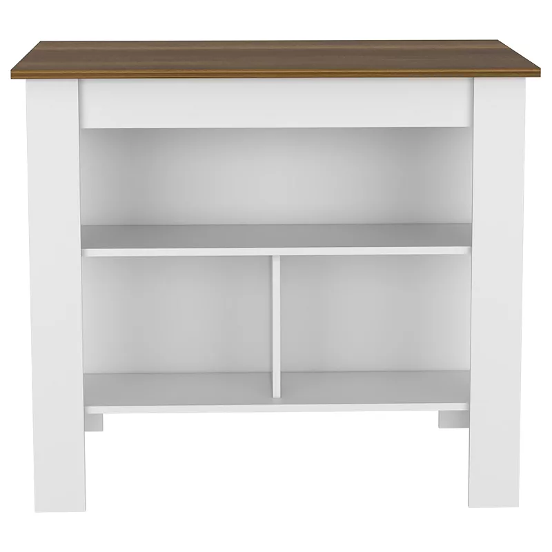 DEPOT E-SHOP Delos Kitchen Island， Four Legs， Three Shelves， White / Walnut