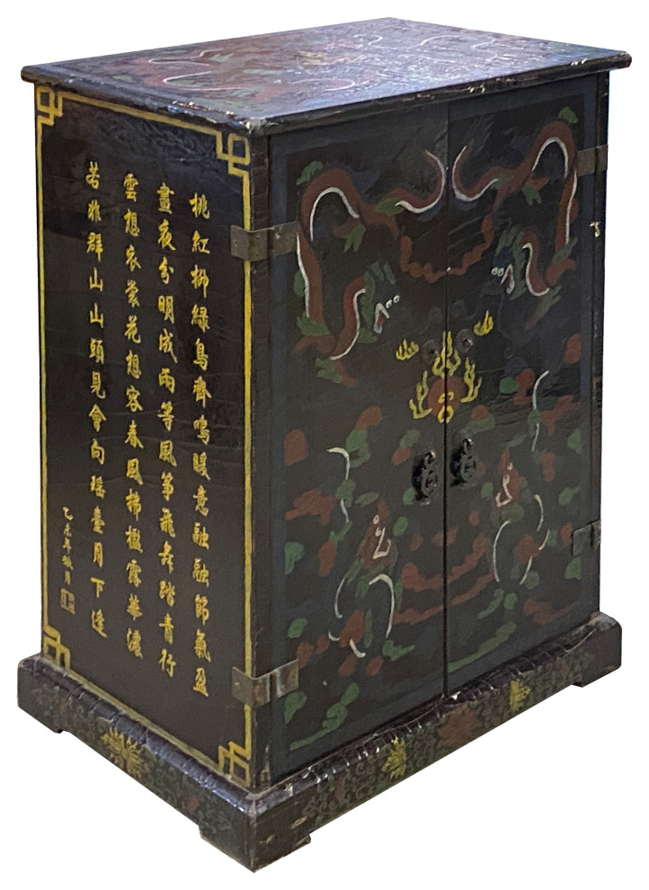 Chinese Distressed Black Color Dragons Graphic Side Table Cabinet Hcs7228   Asian   Side Tables And End Tables   by Golden Lotus Antiques  Houzz