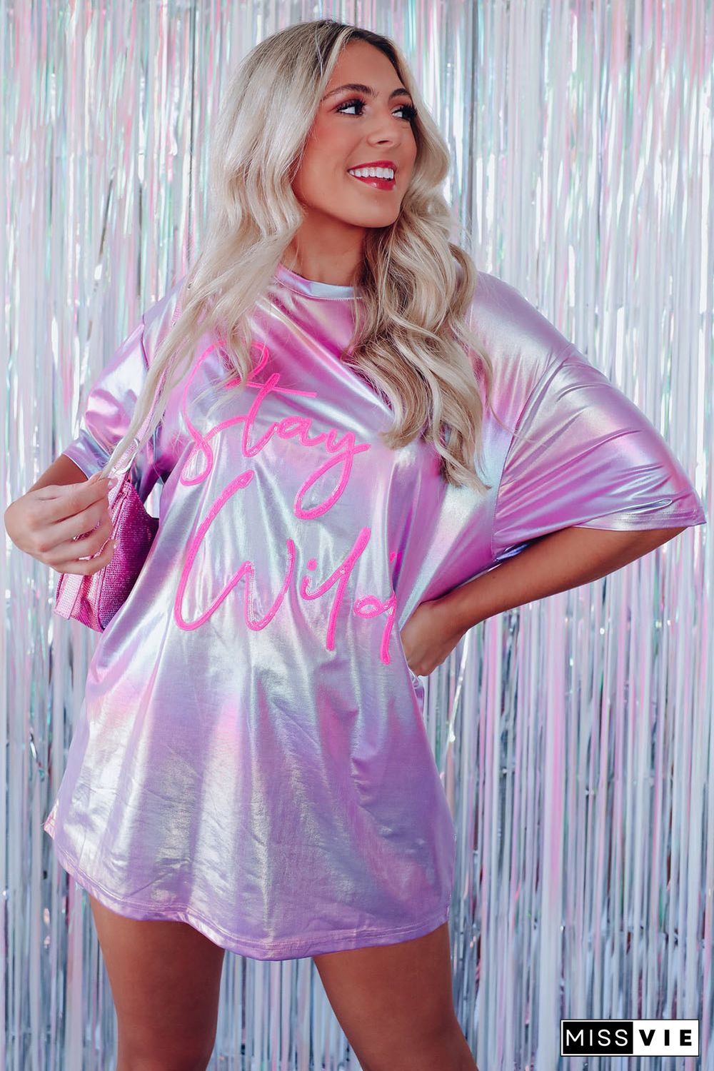 Purple Shiny Iridescent Stay Wild Graphic Oversized Tee