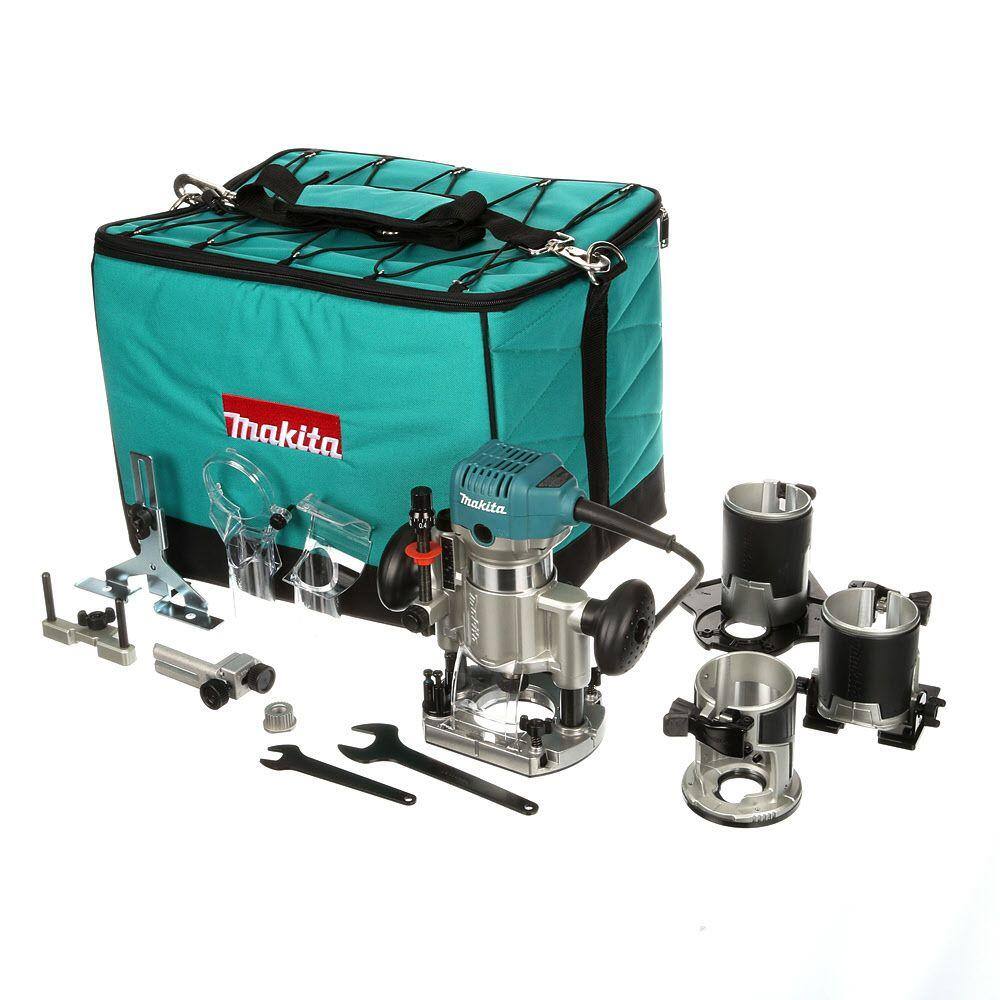 Makita 6.5 Amp 1-14 HP Corded Variable Speed Compact Router with 3 Bases (Plunge Tilt and Offset Base) RT0701CX3