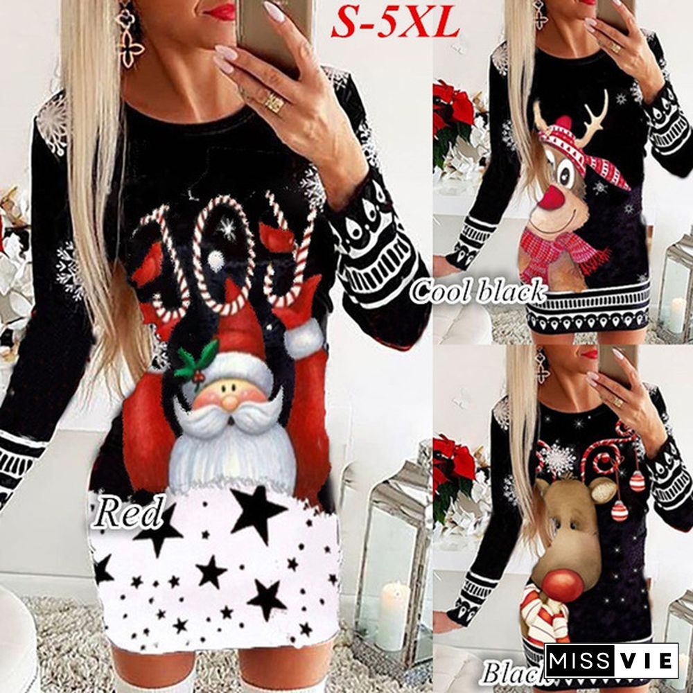 New Women's Fashion Christmas Santa Claus Printing Long Sleeve Dress