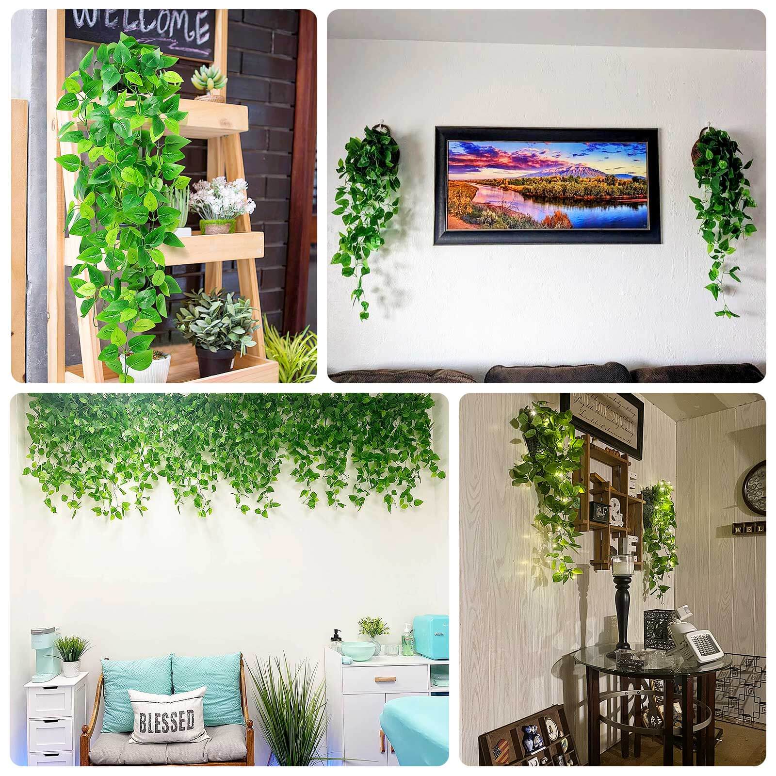 3 Pack Green Silk Pothos Artificial Hanging Plants, Fake Foliage Ivy Vine Garland Vines - 3ft