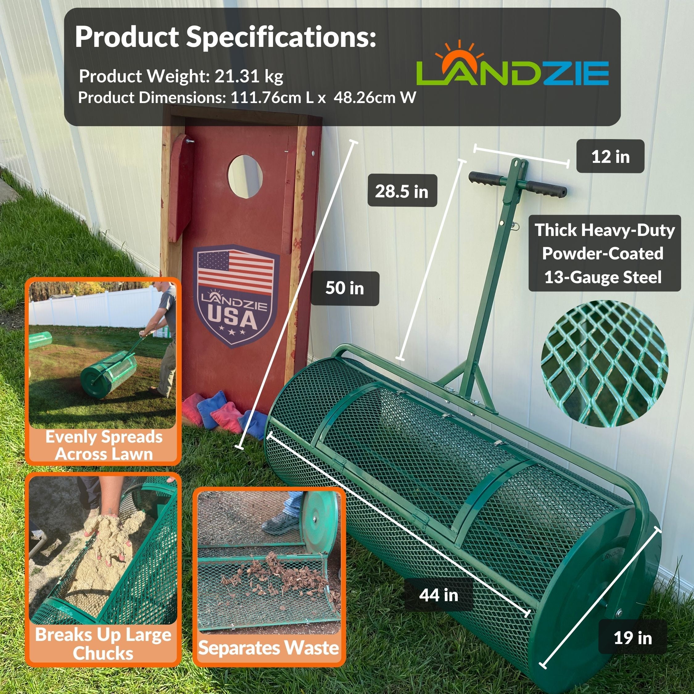 Landzie Lawn & Garden Spreaders - 44 Inch Heavy Duty Metal Mesh Basket Push/Tow Spreader - Compost, Peat Moss, Top Soil, Mulch - Durable Lightweight Multi-Purpose Yard Care Equipment - Manure Spreader