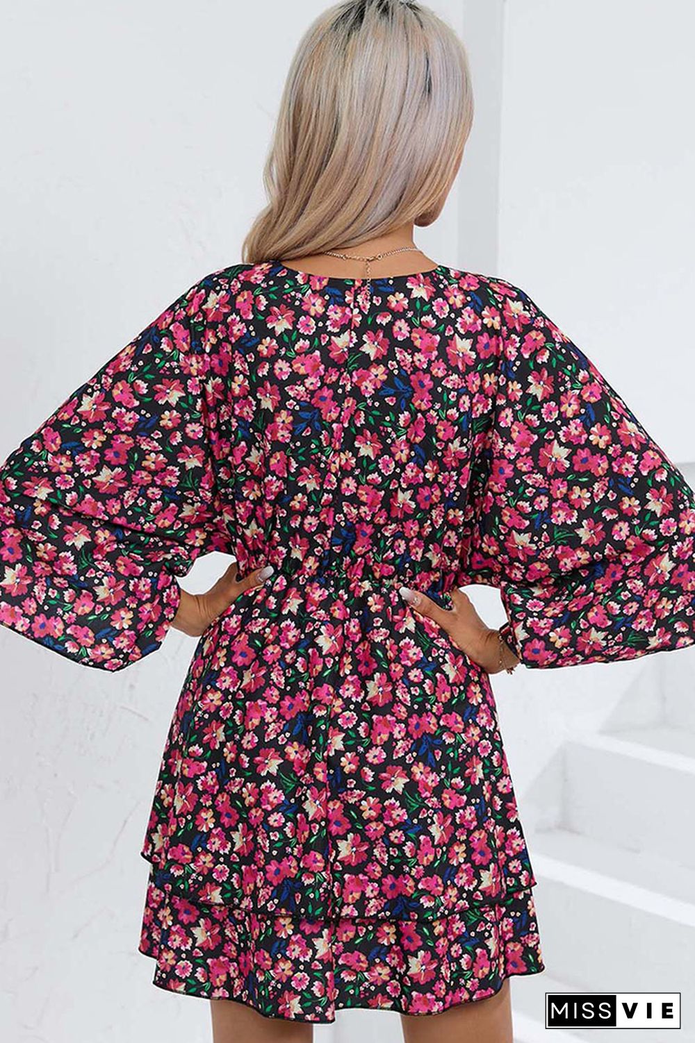 V Neck Drawstring Floral Dress