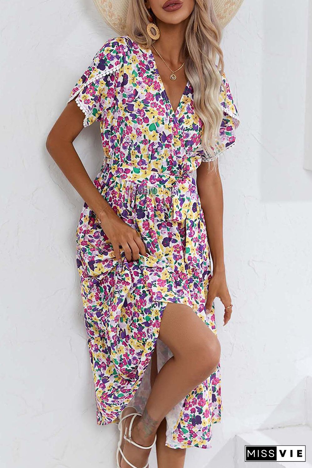 Wrap V Neck Tulip Sleeves Maxi Floral Dress