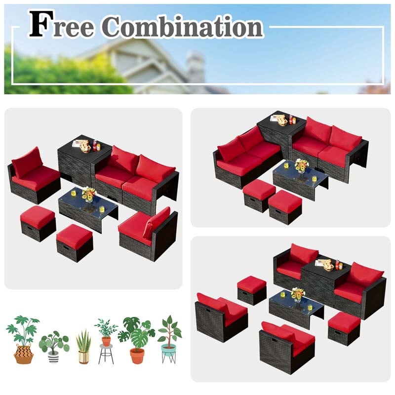 8 Pcs Rattan Wicker Outdoor Patio Furniture Sectional Sofa Set with Storage Box & Waterproof Cover