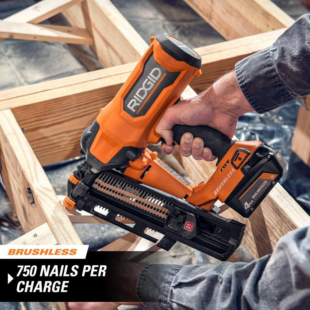 RIDGID 18V Brushless Cordless 21 3-12 in. Framing Nailer (Tool Only) with 21˚ Extended Capacity Magazine R09894B-AC102EM21N