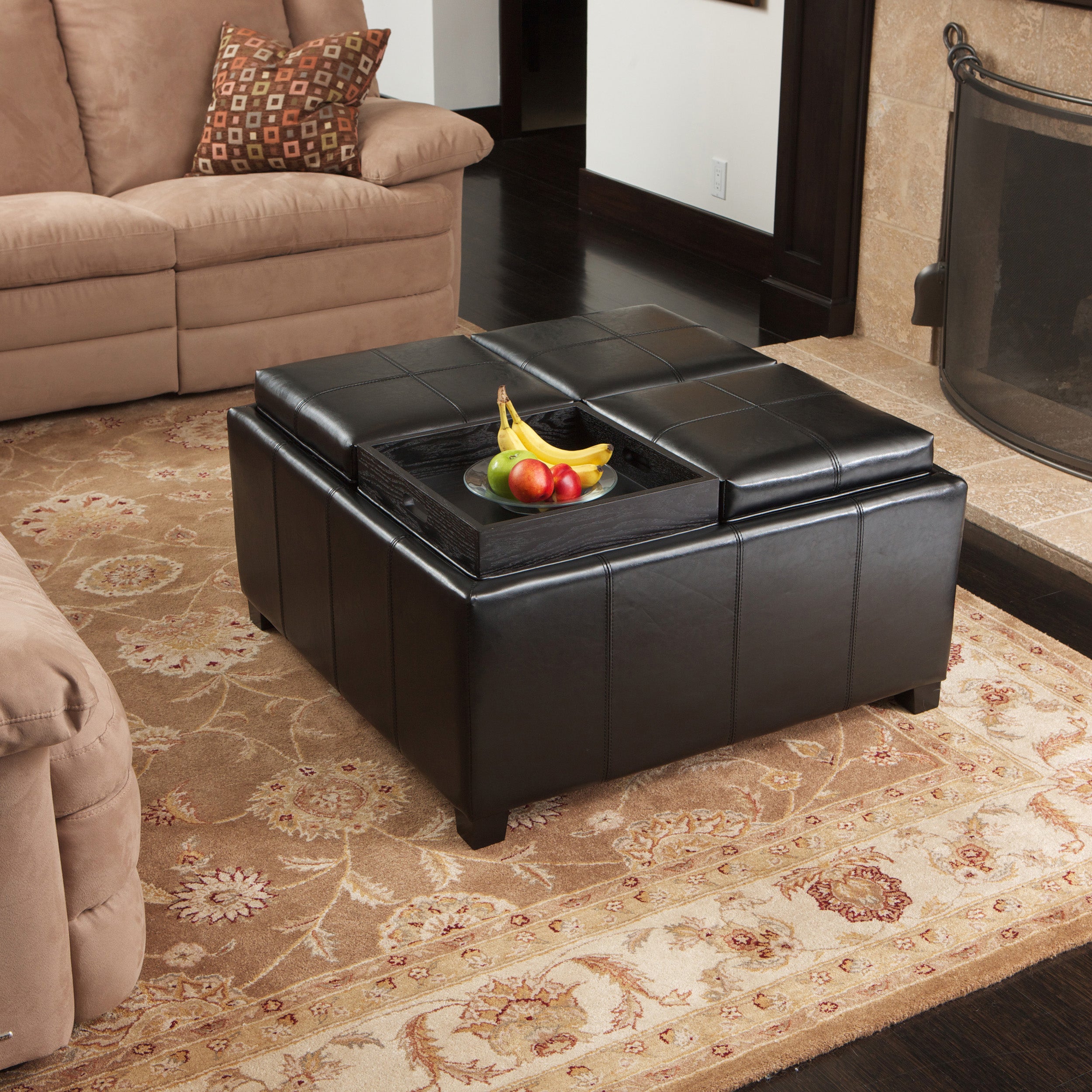 Harley Leather 4-Tray-Top Storage Ottoman Coffee Table